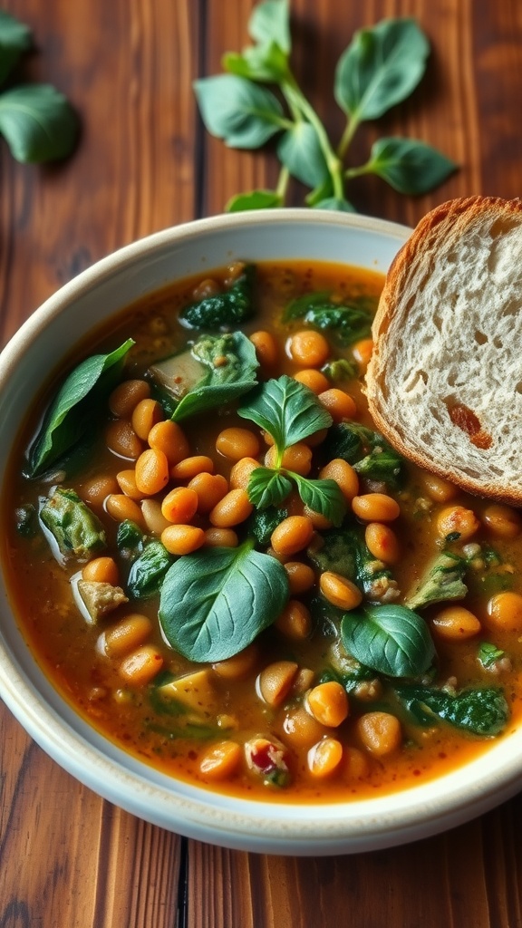A bowl of spinach lentil soup garnished with parsley, accompanied by a slice of crusty bread on a rustic table.